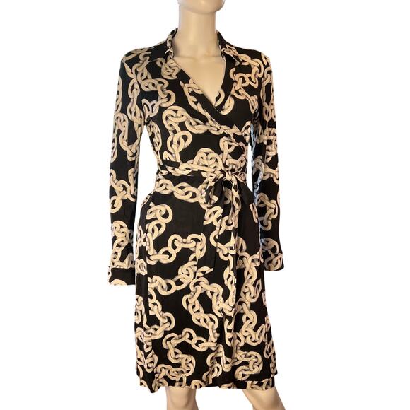 DVF New Jeanne Two Wrap Chain Jersey Silk Long Sleeve Dress Sz 10 - Picture 1 of 10